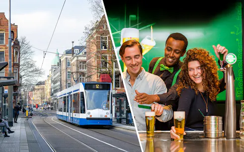 Amsterdam tram on city street and people enjoying Heineken Experience beer pouring activity.