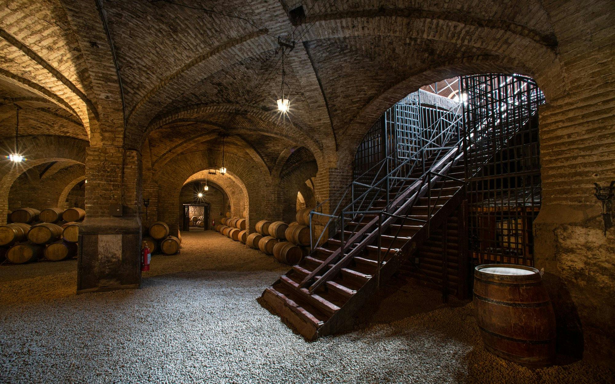 Wine barrels in the historic cellars of Viña Santa Carolina, Chile.