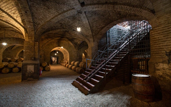 Wine barrels in the historic cellars of Viña Santa Carolina, Chile.