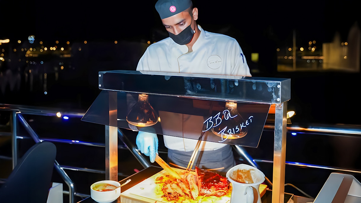Barbecue station on 2-hour luxury dhow dinner cruise in Dubai.