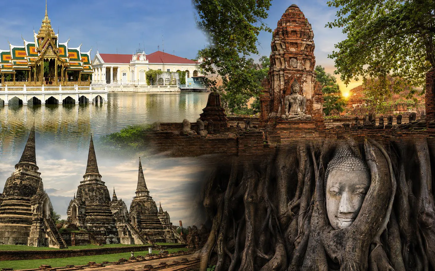 Ayutthaya Historical Park with ancient temples, Buddha head in tree roots, and riverside pavilion.