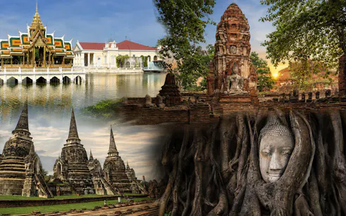 Ayutthaya Historical Park with ancient temples, Buddha head in tree roots, and riverside pavilion.
