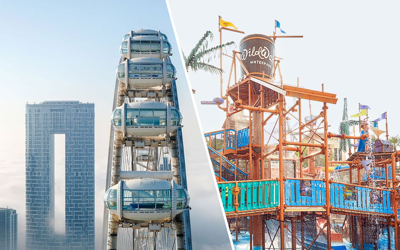 Ain Dubai pods with city skyline and Wild Wadi Waterpark structure.