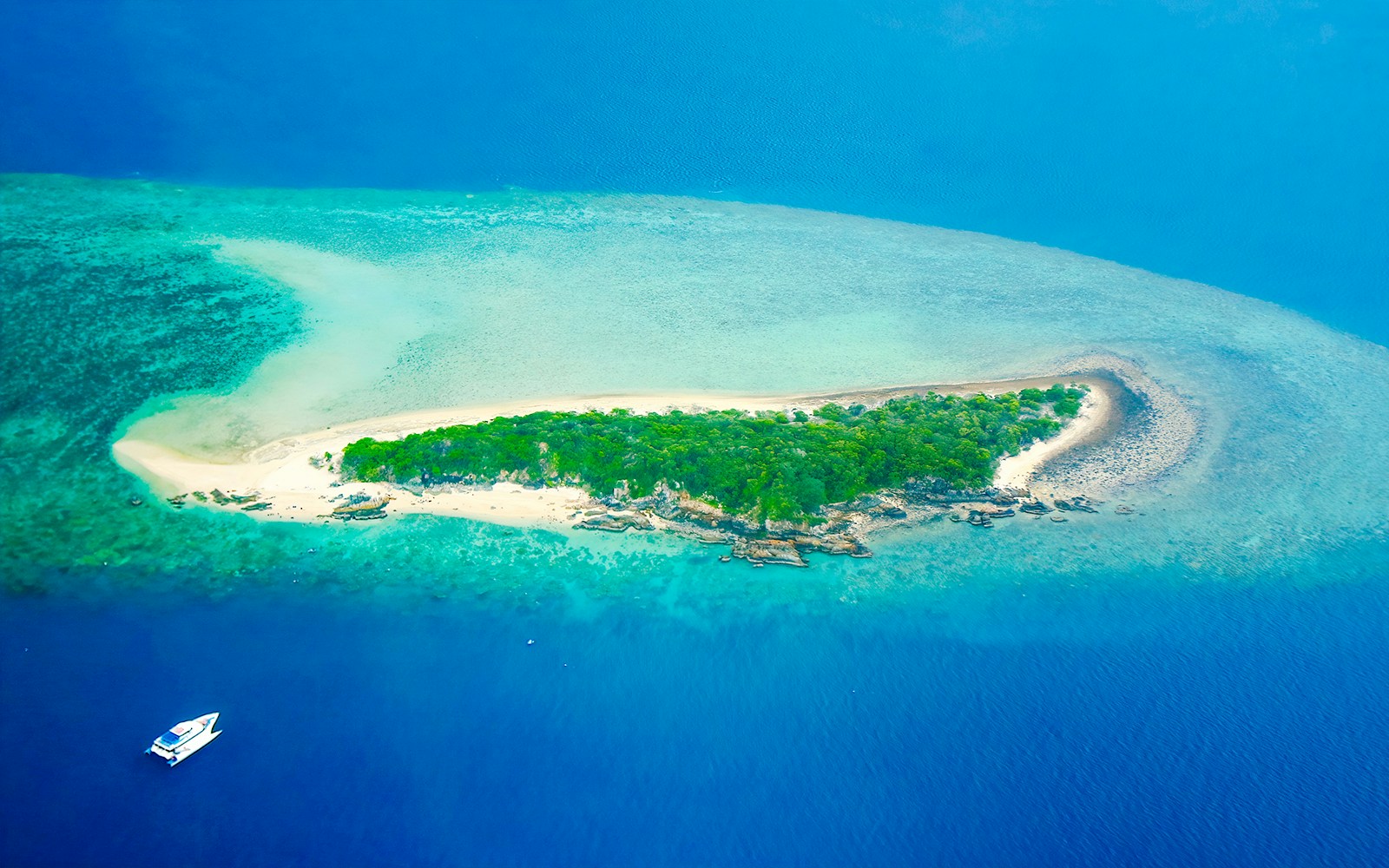 Aerial view of Black Island, Whitsundays, surrounded by vibrant coral reefs.