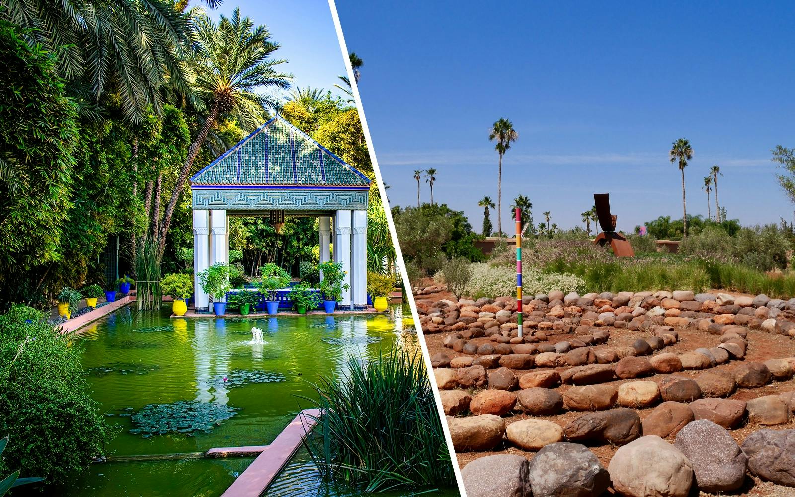 ANIMA Garden with lush greenery, pond, and artistic sculptures in Marrakech, Morocco.