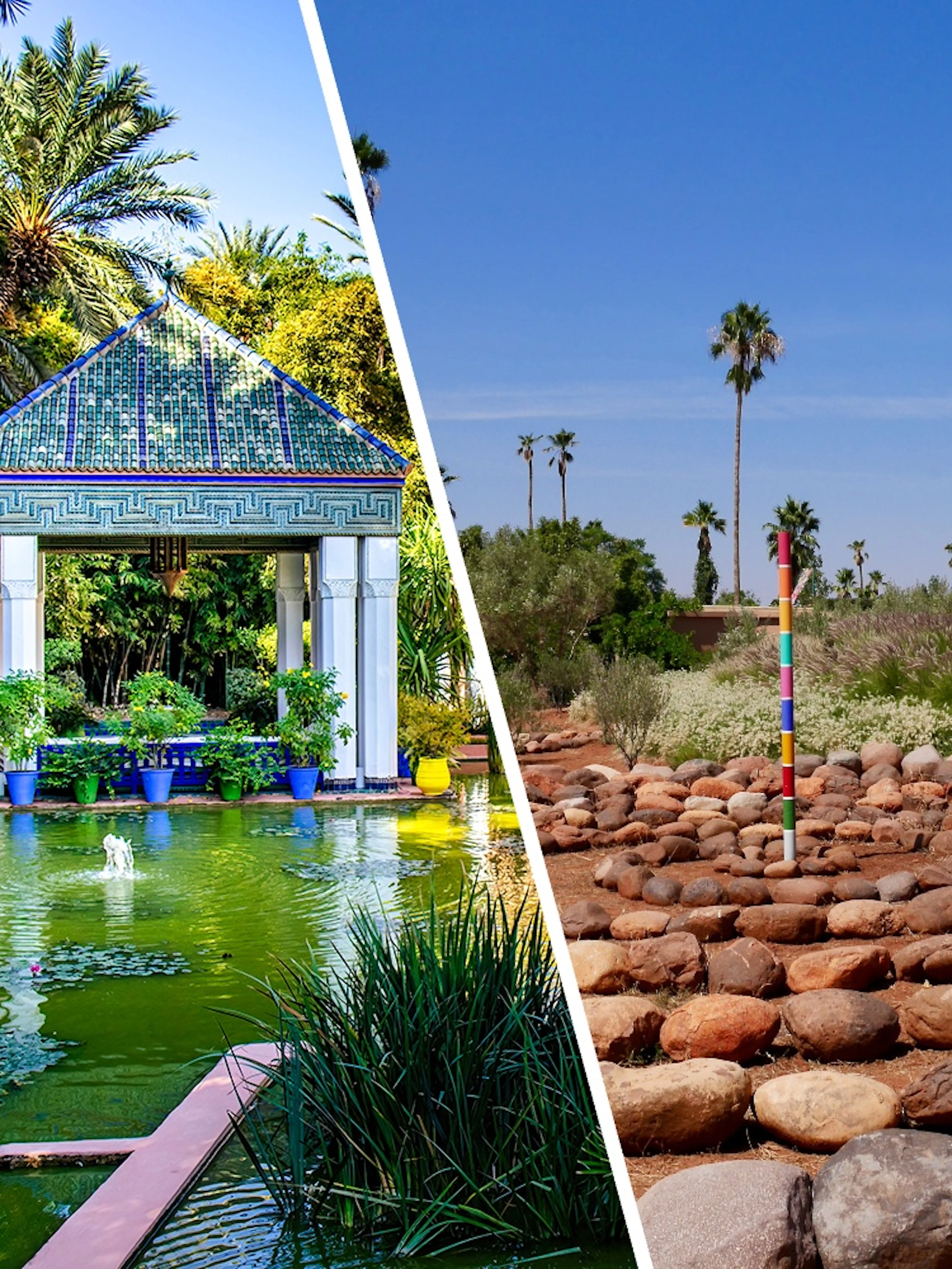 ANIMA Garden with lush greenery, pond, and artistic sculptures in Marrakech, Morocco.