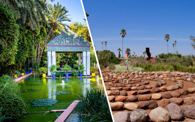 ANIMA Garden with lush greenery, pond, and artistic sculptures in Marrakech, Morocco.
