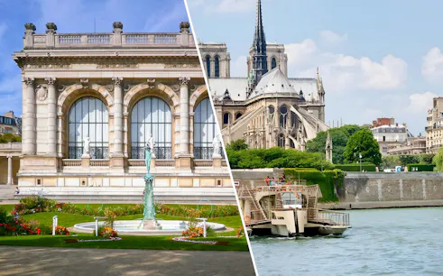 Palais Galliera facade and Seine River cruise boat near Notre-Dame in Paris.