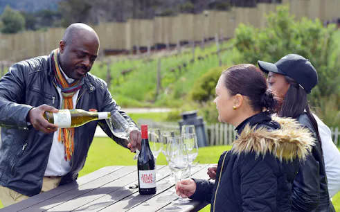 Guide pouring wine for guests at a vineyard in Constantia.
