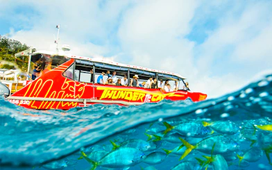 Thundercat boat on Whitsundays tour with tourists, vibrant fish visible underwater.