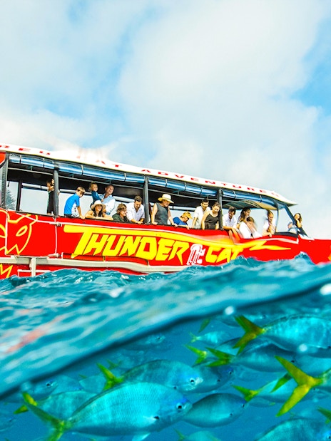 Thundercat boat on Whitsundays tour with tourists, vibrant fish visible underwater.