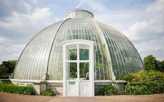 Glasshouse at Kew Gardens, London, with lush greenery inside.