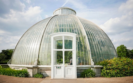 Glasshouse at Kew Gardens, London, with lush greenery inside.