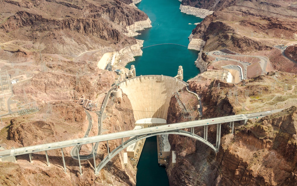 Aerial view of Hoover Dam and Colorado River Bridge, Nevada, Arizona, USA.