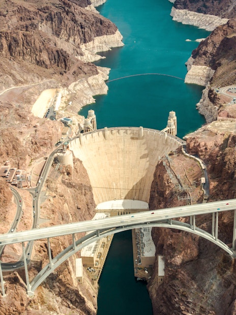 Aerial view of Hoover Dam and Colorado River Bridge, Nevada, Arizona, USA.
