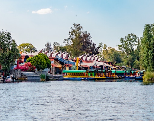 Xochimilco canals with floating gardens at sunset, Mexico City.