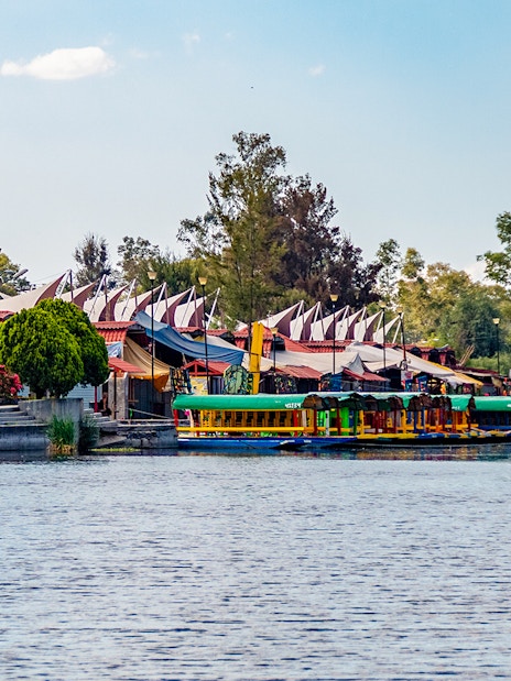 Xochimilco canals with colorful boats and floating gardens in Mexico City at sunset.