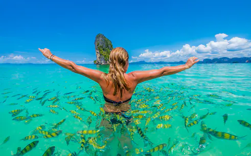 Person swimming with fish near Hong Island, Krabi, with limestone cliff in background.