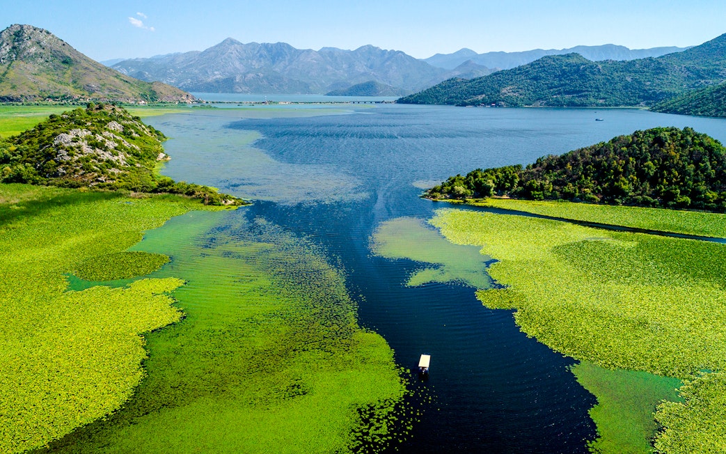 Aerial view of Lake Skadar with lush green islands and distant mountains.