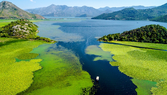 Aerial view of Lake Skadar with lush green islands and distant mountains.