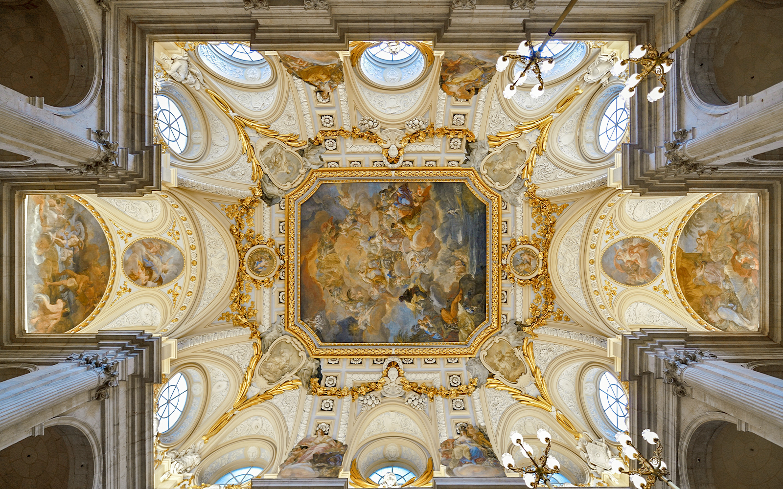 Ceiling fresco in the Royal Palace of Madrid depicting mythological scenes.