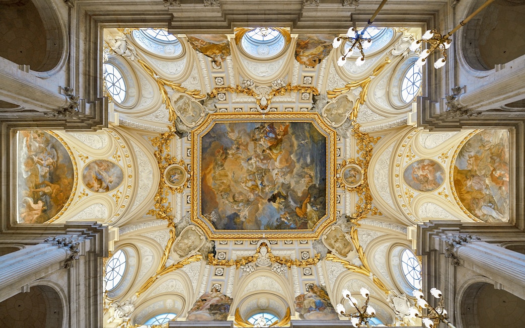 Ceiling fresco in the Royal Palace of Madrid depicting mythological scenes.