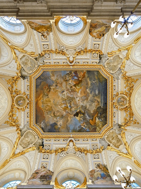 Ceiling fresco in the Royal Palace of Madrid depicting mythological scenes.