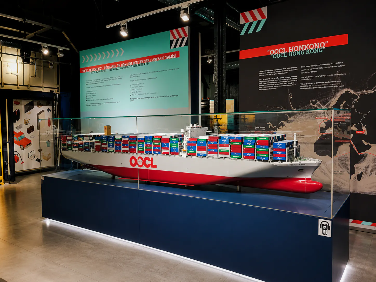 Model of OOCL Hong Kong container ship at Baku's first tanker museum exhibit.