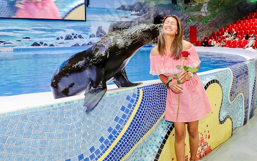 Tourist smiling as a seal kisses her at an aquarium show.