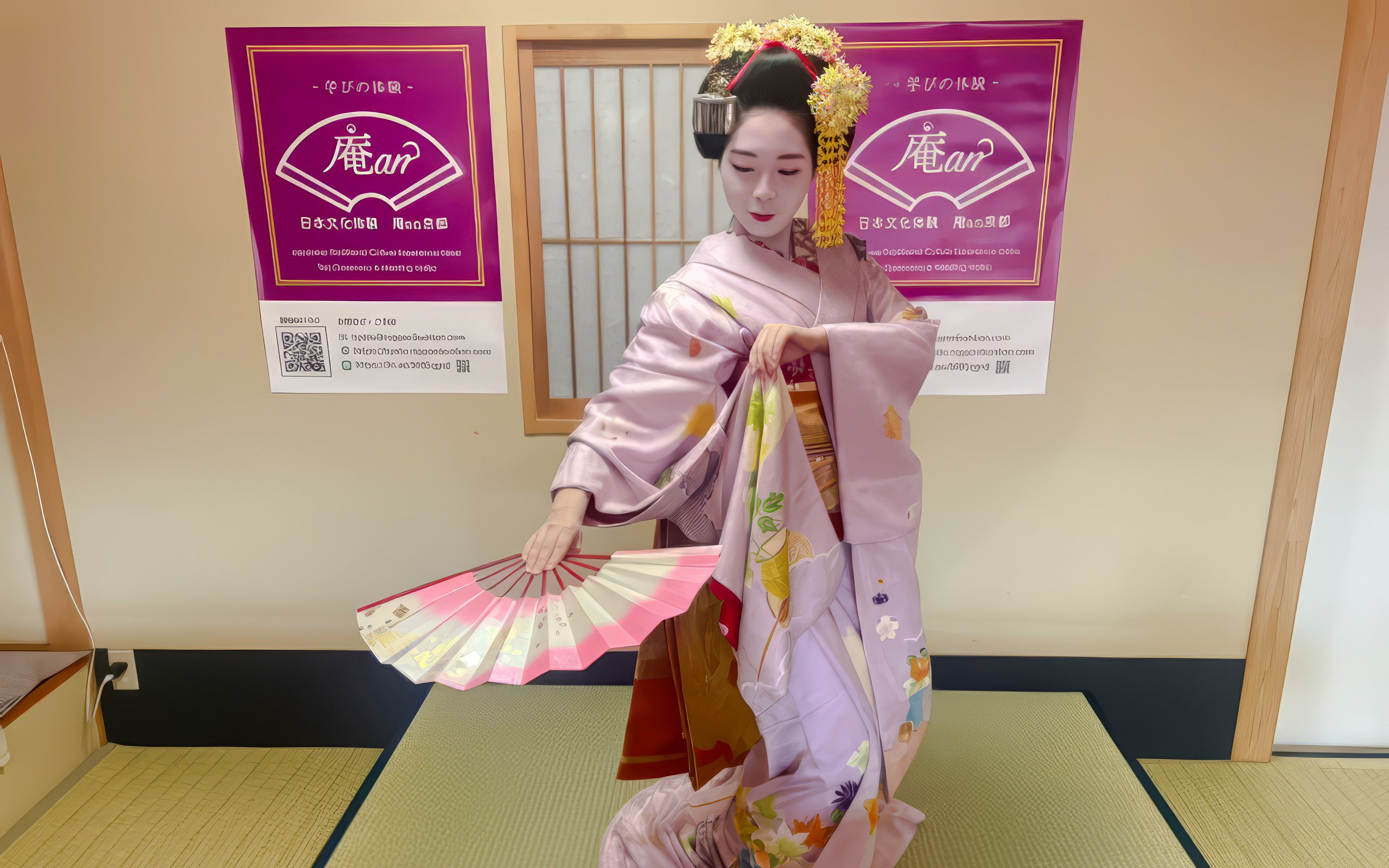 Maiko in traditional kimono performing dance with fan in Kyoto tea room.