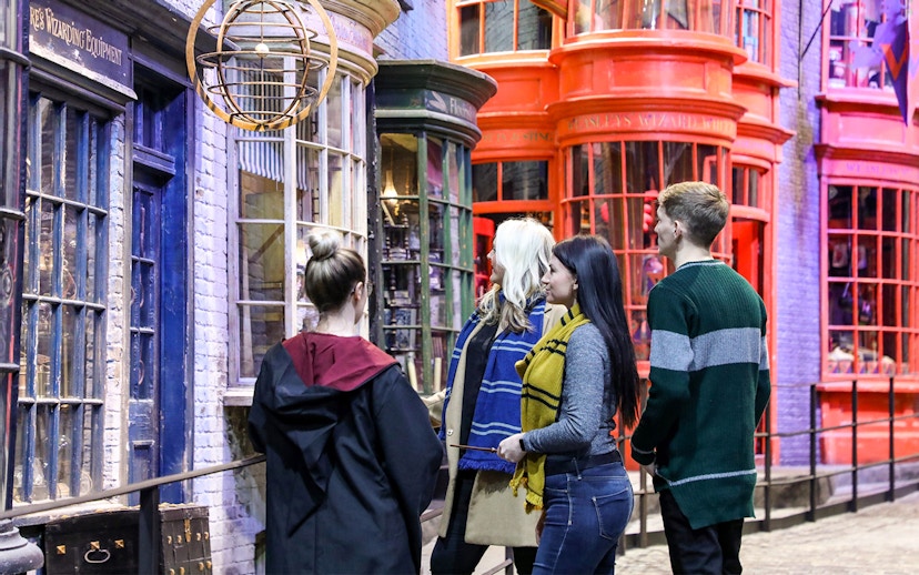 Visitors exploring Diagon Alley at The Making of Harry Potter tour.