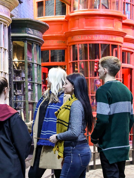 Visitors exploring Diagon Alley at The Making of Harry Potter tour.