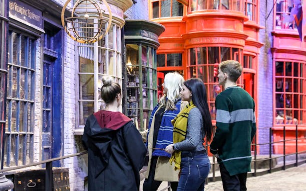 Visitors exploring Diagon Alley at The Making of Harry Potter tour.