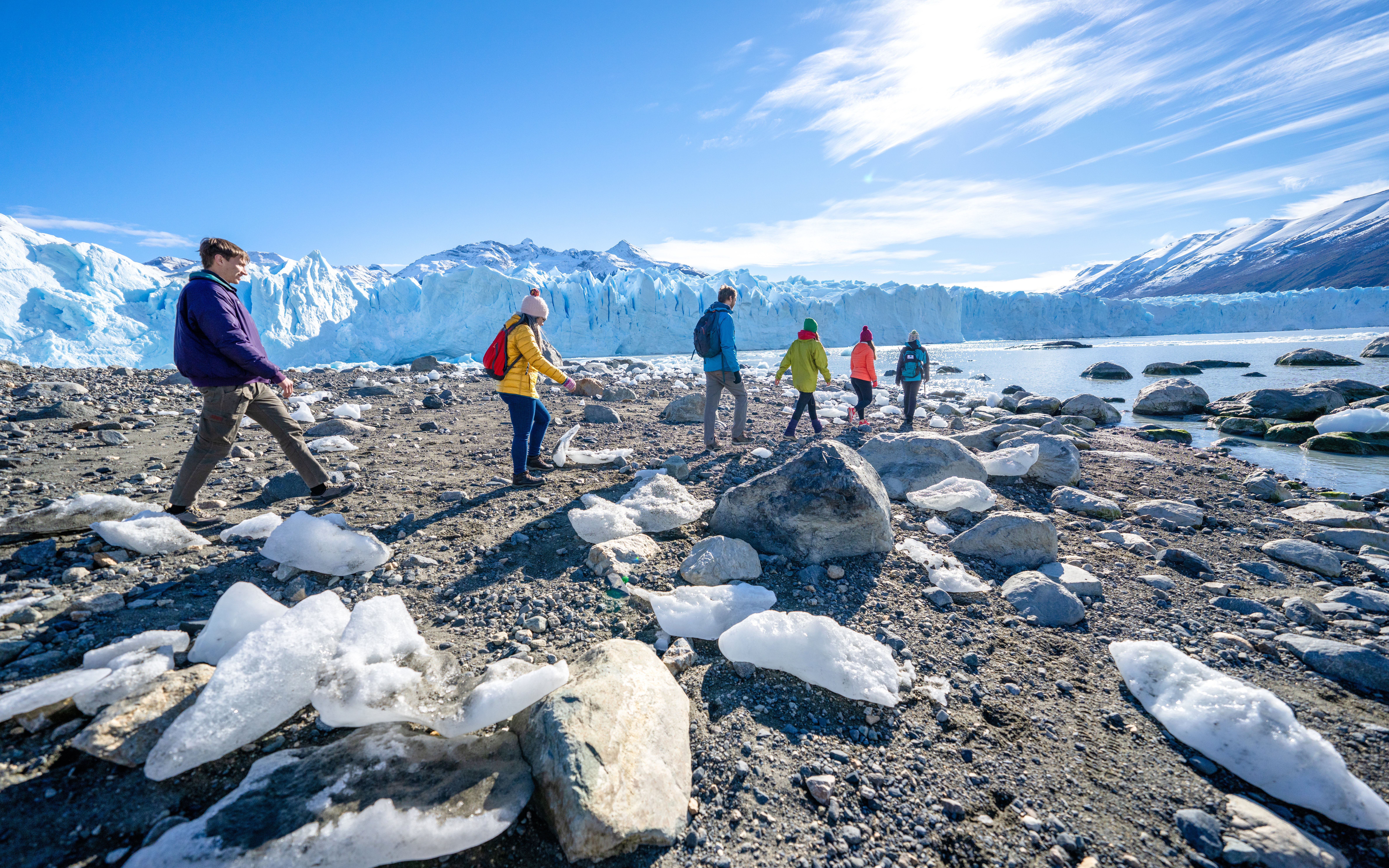 Group hiking near a glacier in Patagonia, Argentina, during Safari Azul Guided Tour.