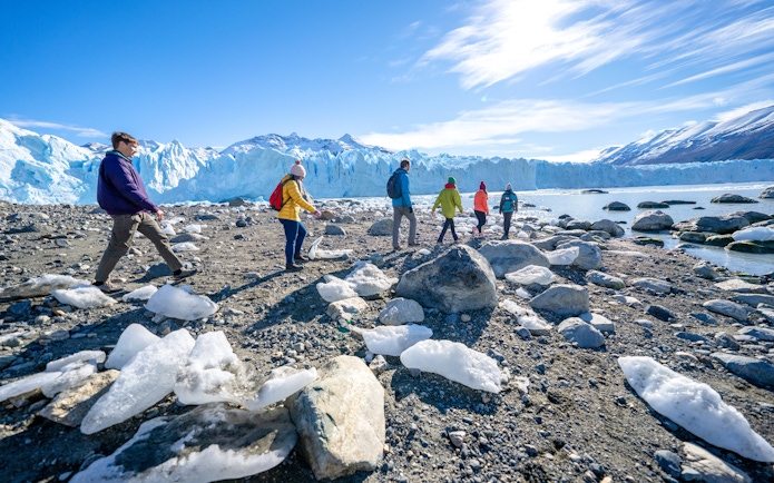 Group hiking near a glacier in Patagonia, Argentina, during Safari Azul Guided Tour.