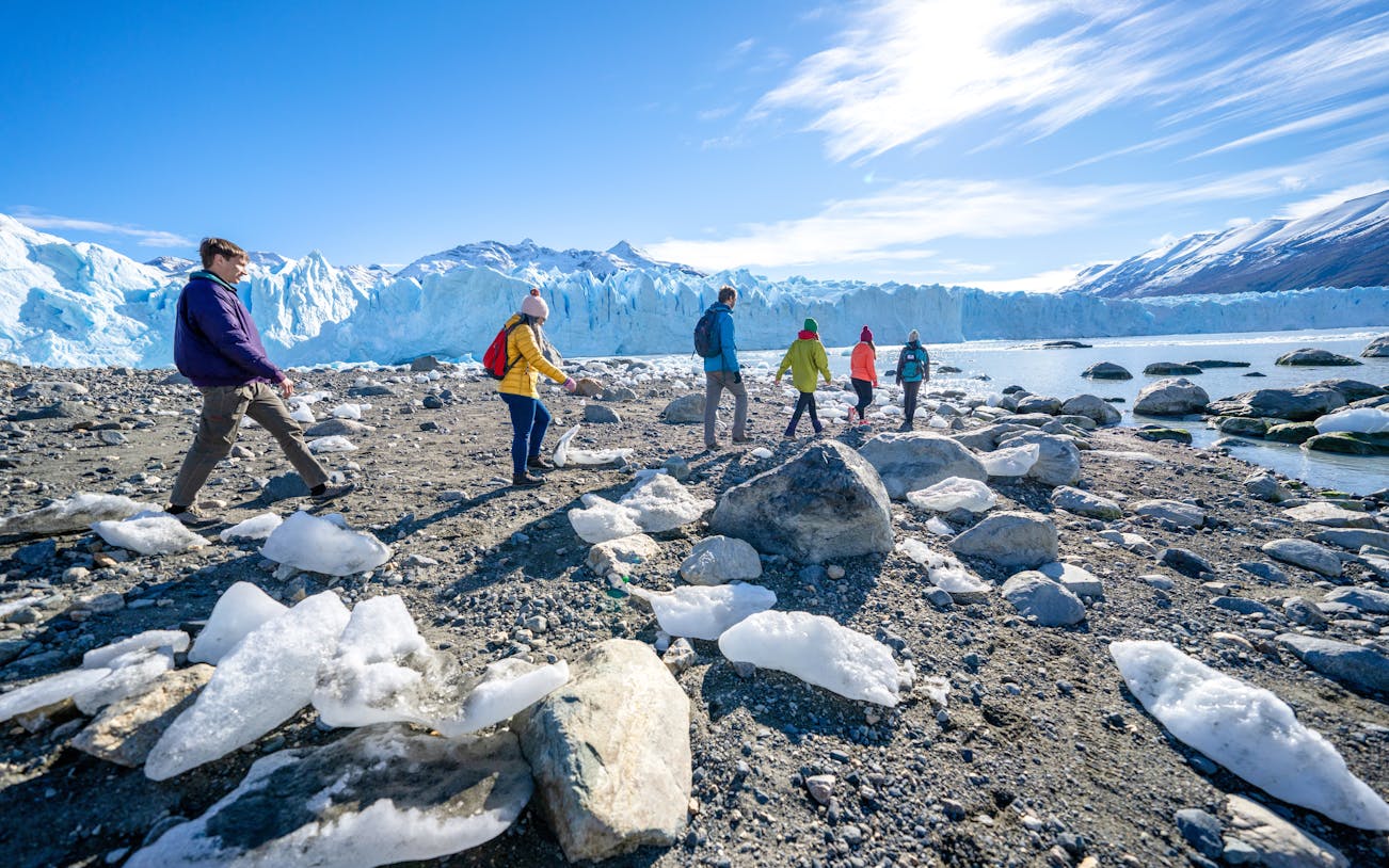 Group hiking near a glacier in Patagonia, Argentina, during Safari Azul Guided Tour.