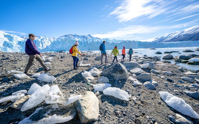 Group hiking near a glacier in Patagonia, Argentina, during Safari Azul Guided Tour.