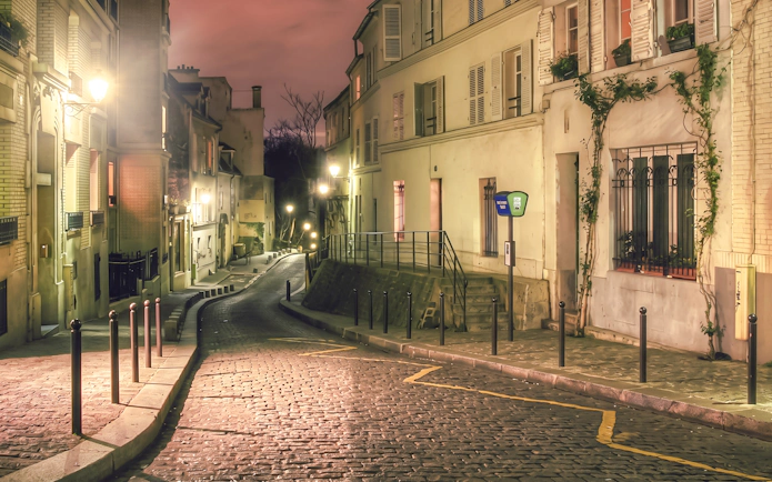 Cobblestone street in Paris at night, setting for Mona Lisa Murder Mystery tour.