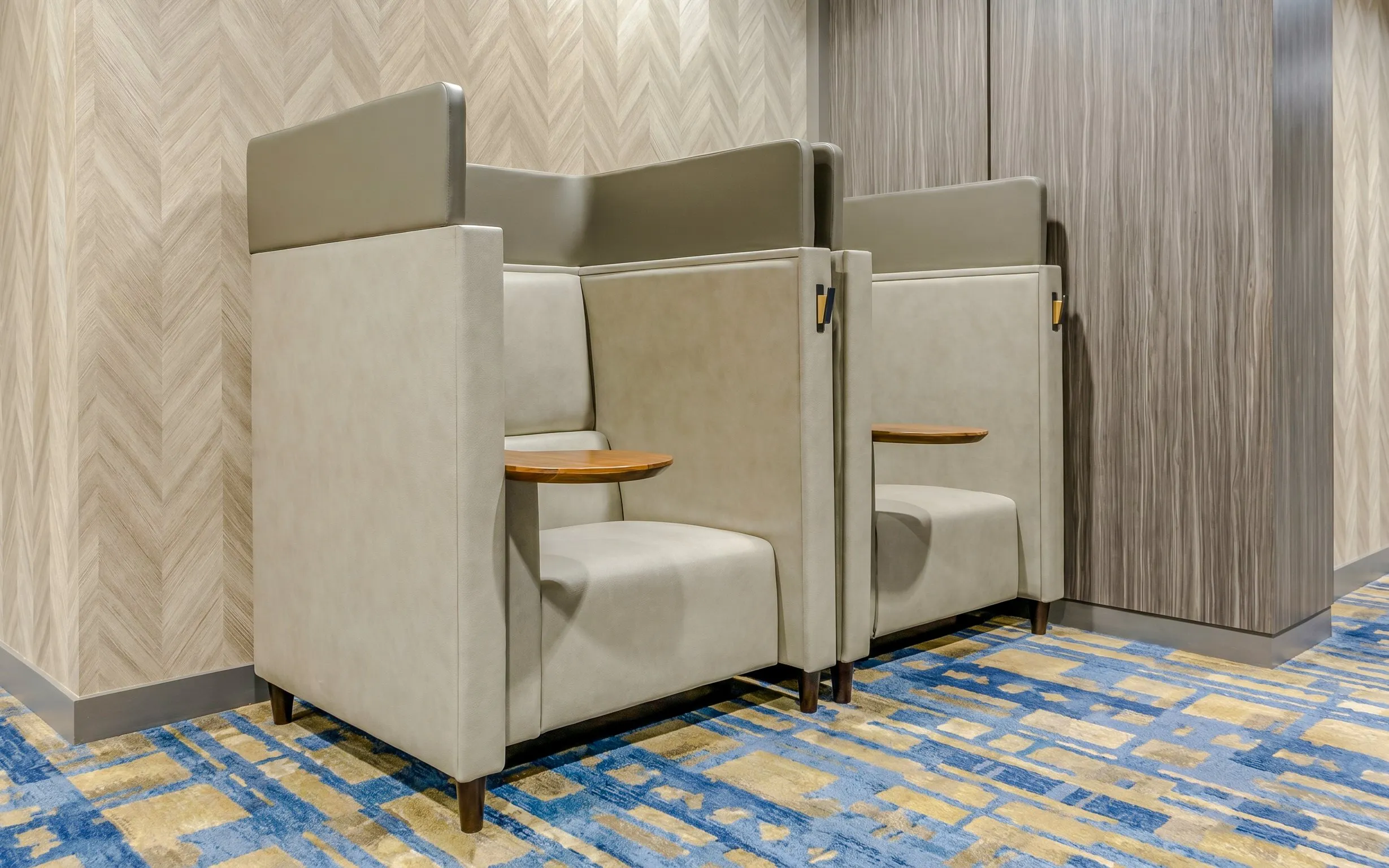 Working pod seating at Plaza Premium Lounge, Terminal 1, Toronto Pearson Airport.