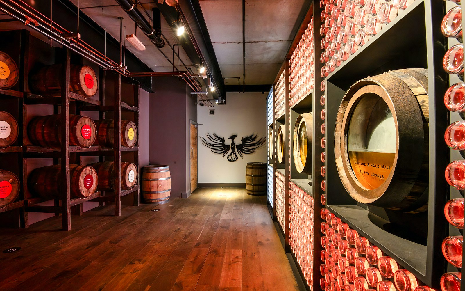 Barrels and wall display inside Teeling Whiskey Distillery, Dublin.
