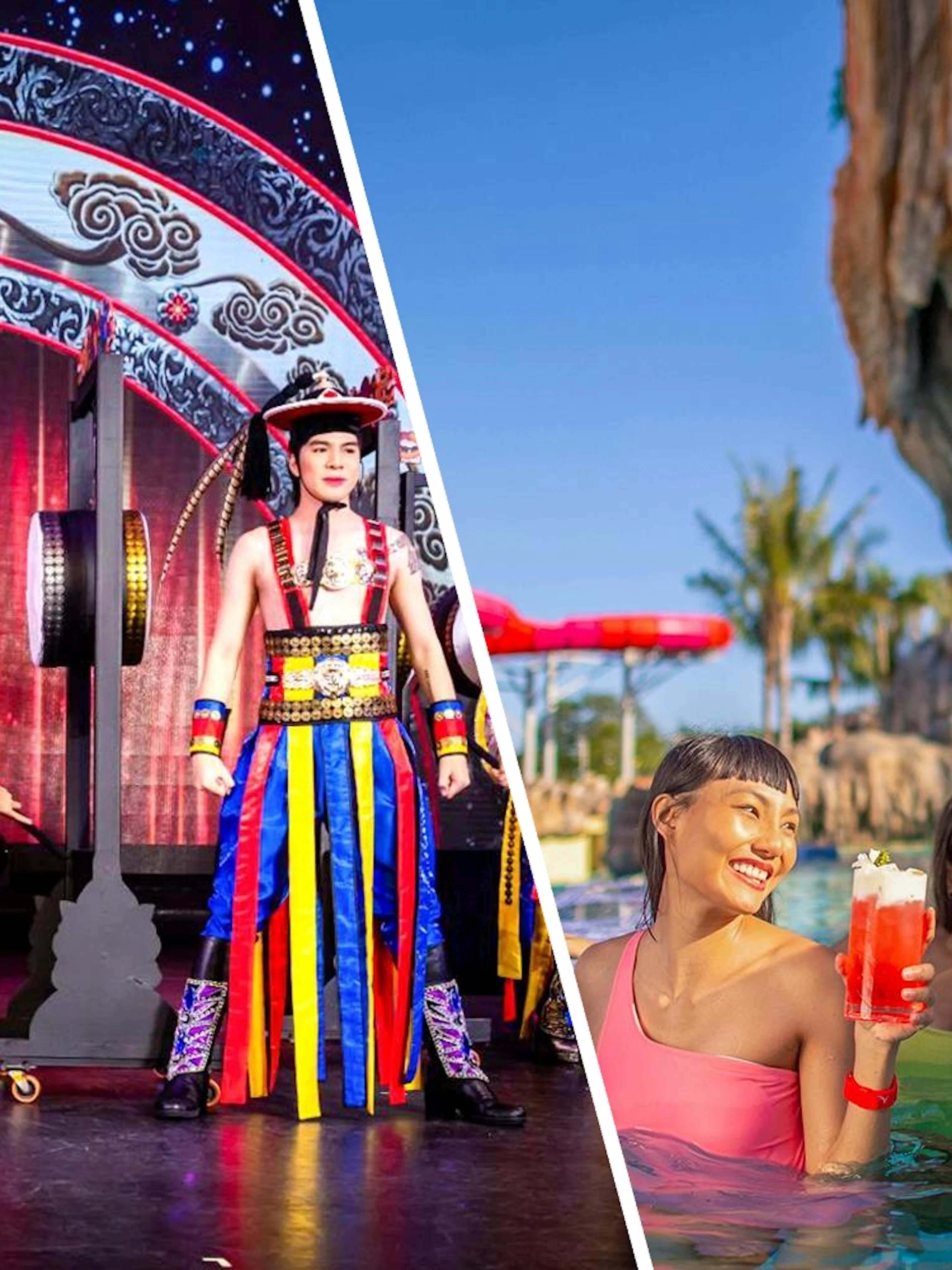 Performers in colorful costumes on stage at Simon Cabaret Show, Phuket.