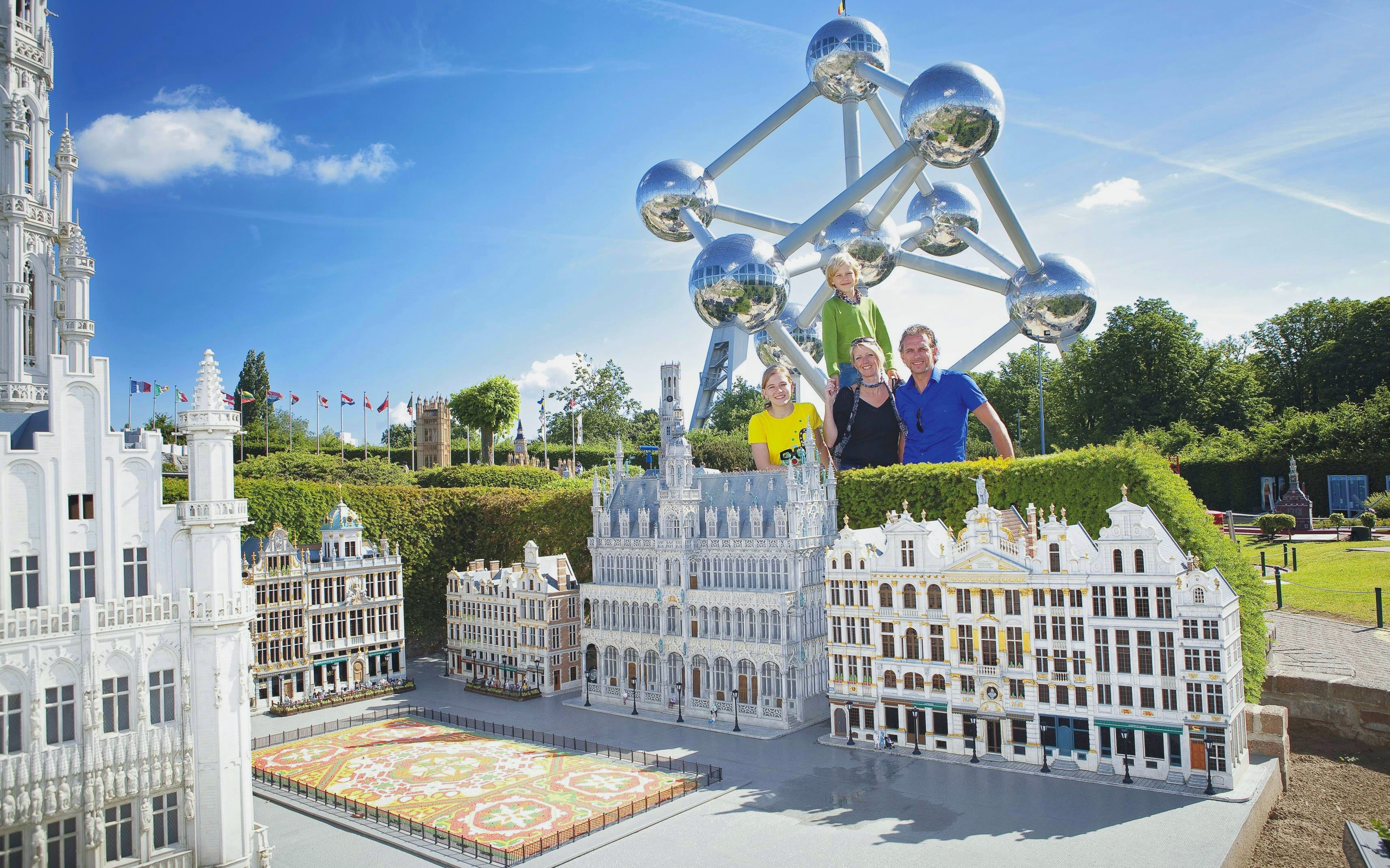 Mini-Europe Brussels with Atomium and Grand Place models in the background.