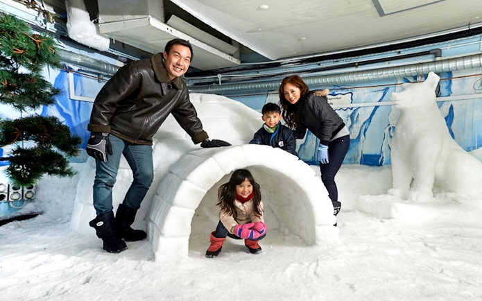 Guests exploring an igloo inside Singapore Snow City.