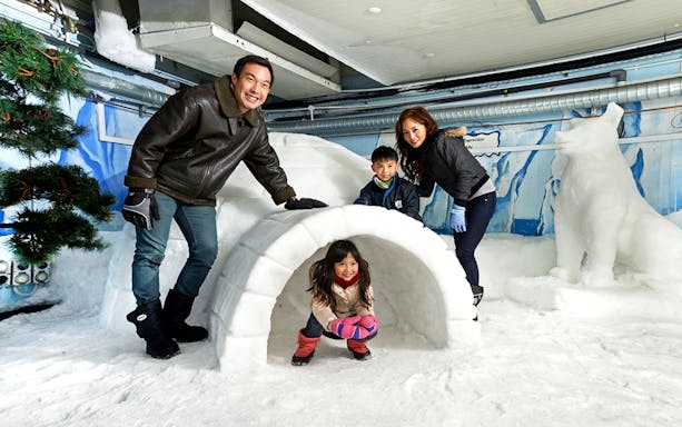 Guests exploring an igloo inside Singapore Snow City.
