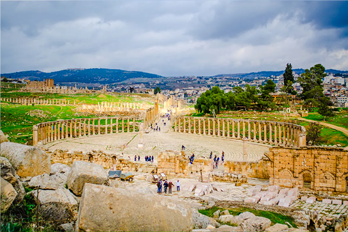 Roman ruins of Jerash with colonnaded street, viewed from above, near Amman.