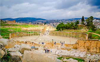 Roman ruins of Jerash with colonnaded street, viewed from above, near Amman.