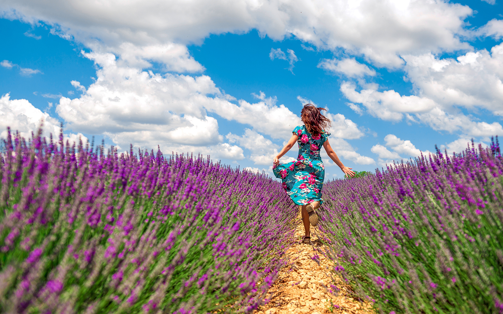 Woman running through a lavender field under a blue sky.