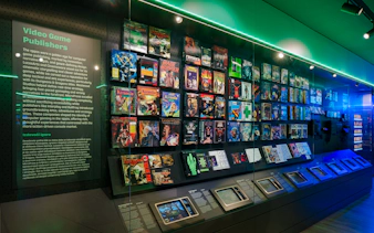 Video game exhibit showcasing 1990s publishers at Video Game History Museum, Zagreb.