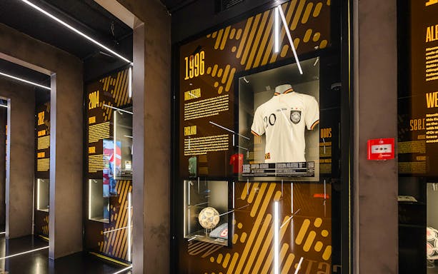 Interiors of the Home of Football Museum in Madrid showcasing historical football memorabilia.