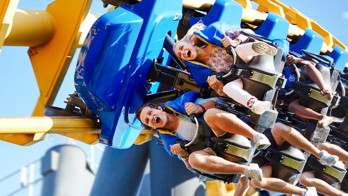 Friends enjoying a thrilling rollercoaster ride at an amusement park.